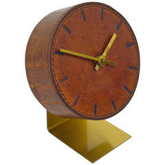 Carl Aubock Modernist Leather Brass Clock, Vienna, 1950s