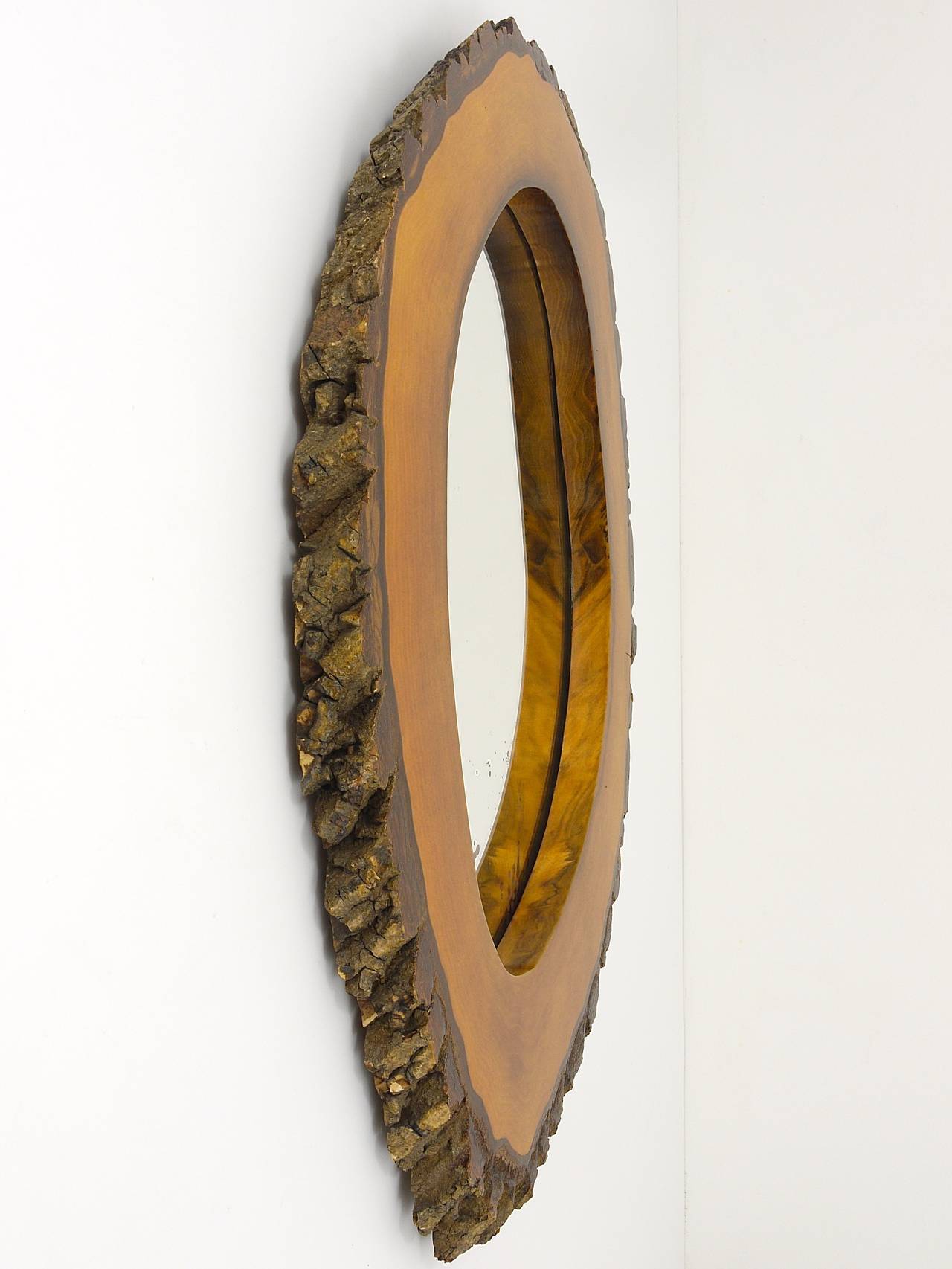 Mid-Century Modern Carl Aubock Style Modernist Walnut Tree Trunk Wall Mirror, Austria, 1950s For Sale