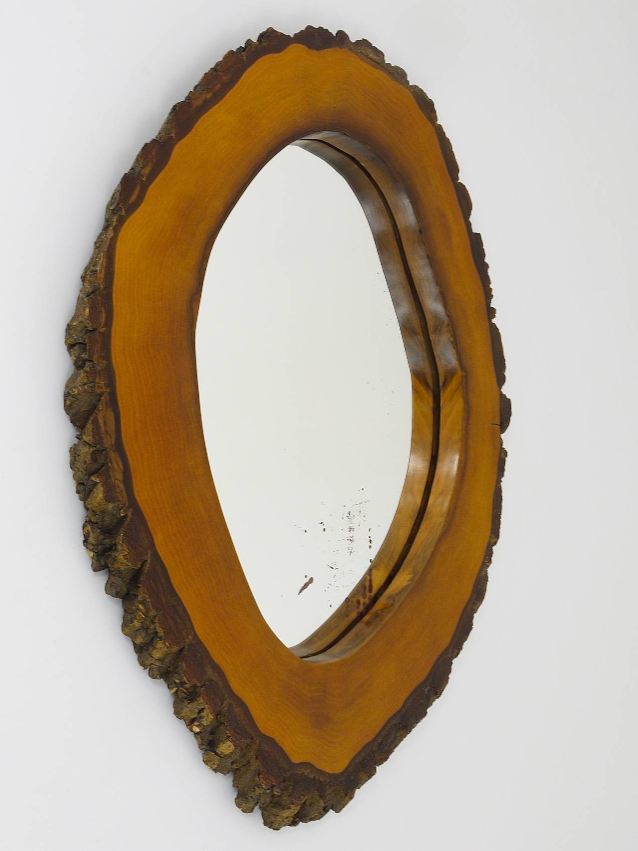 Austrian Carl Aubock Style Modernist Walnut Tree Trunk Wall Mirror, Austria, 1950s For Sale