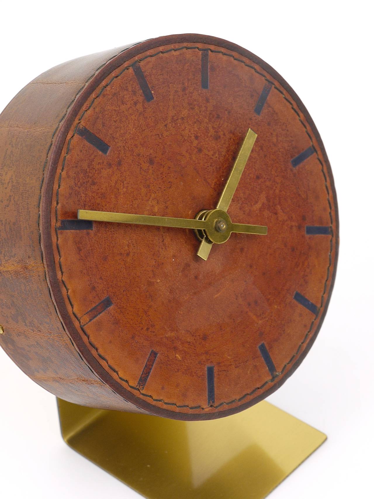 Mid-Century Modern Carl Aubock Modernist Leather Brass Clock, Vienna, 1950s