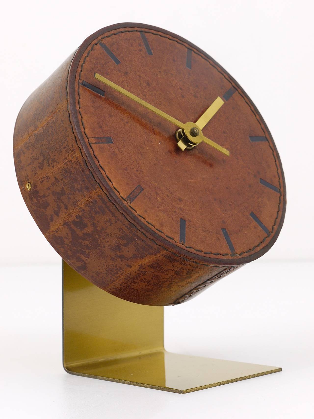 Austrian Carl Aubock Modernist Leather Brass Clock, Vienna, 1950s