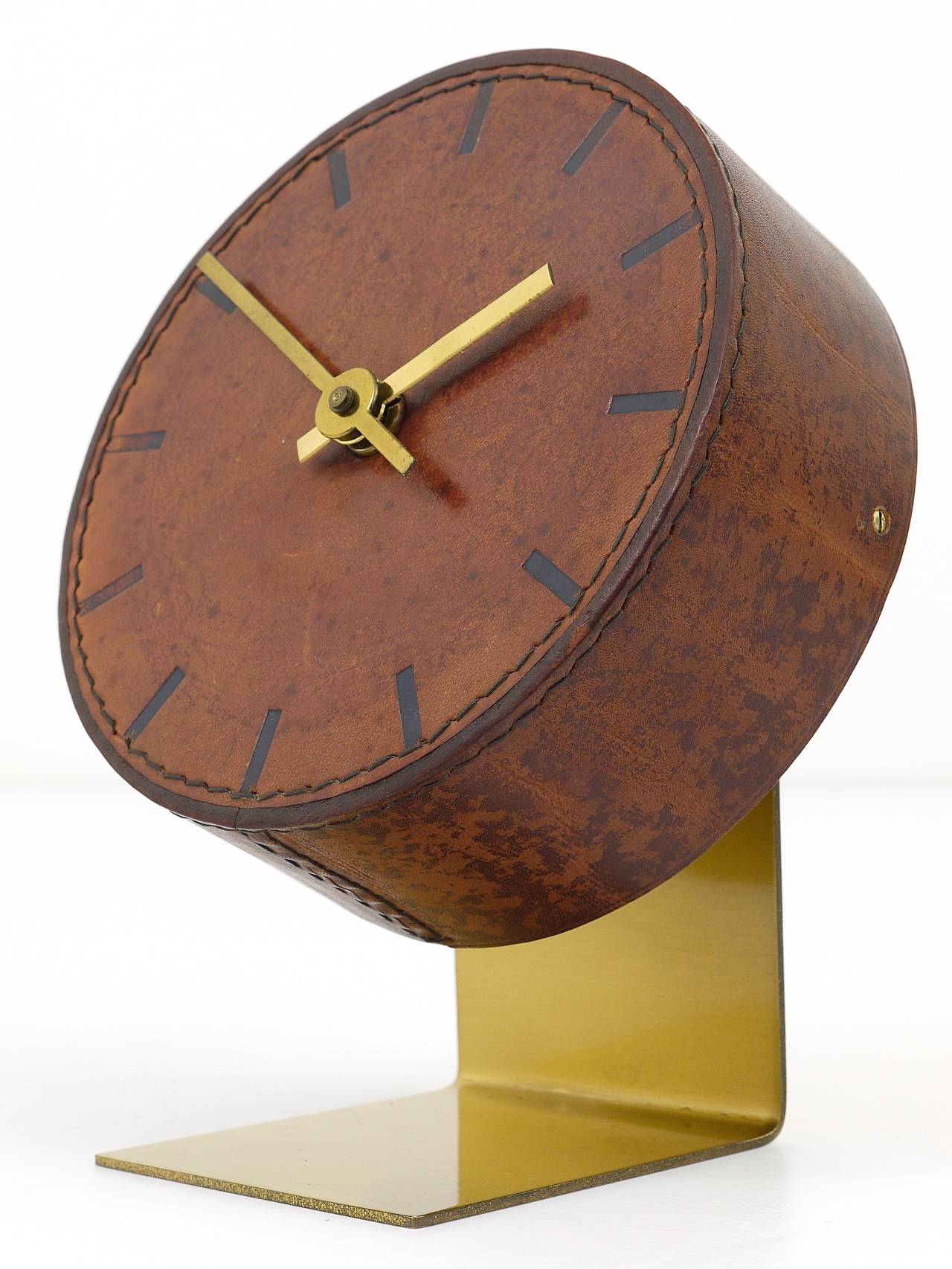 Carl Aubock Modernist Leather Brass Clock, Vienna, 1950s 4