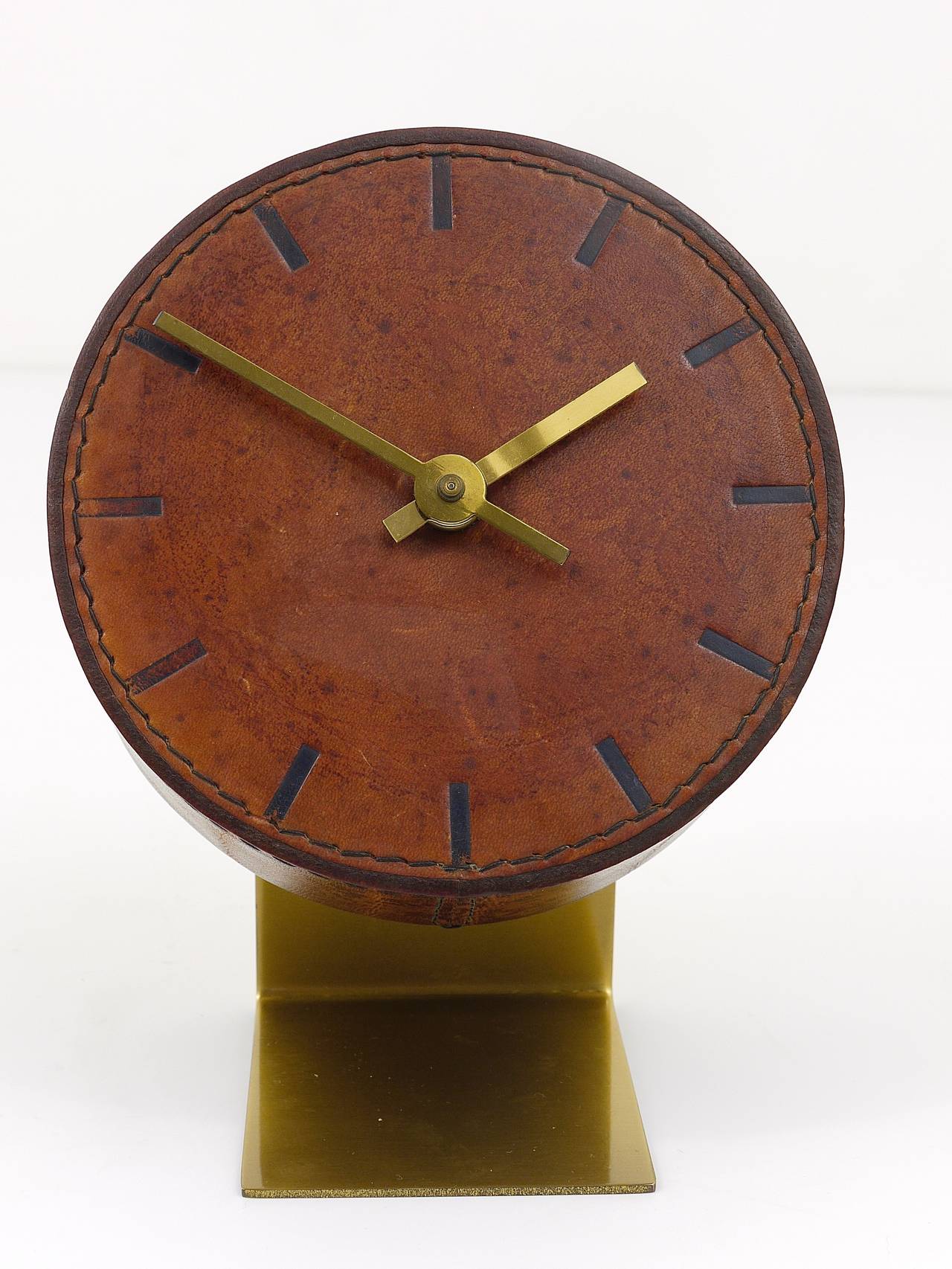 Carl Aubock Modernist Leather Brass Clock, Vienna, 1950s 5