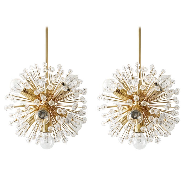 Two Emil Stejnar Gold-Plated Blowball Sputnik Chandelier, Austria, 1970s