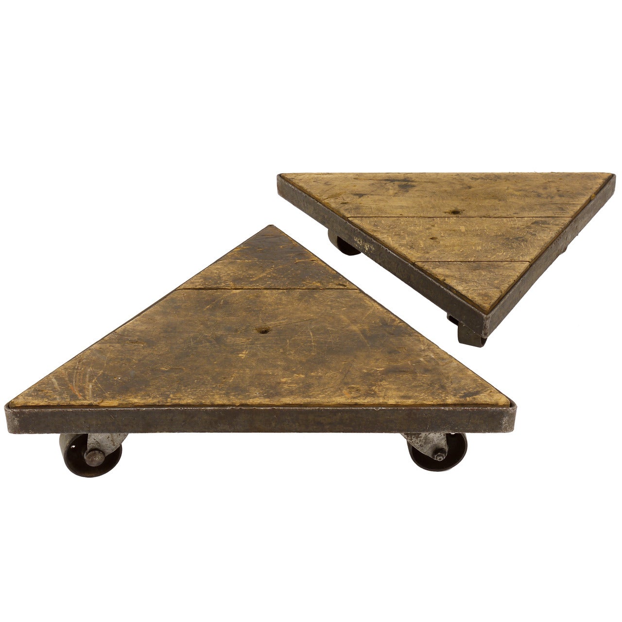 A Pair of 1940s Triangular Industrial Iron Wheel Board Dolly Carts
