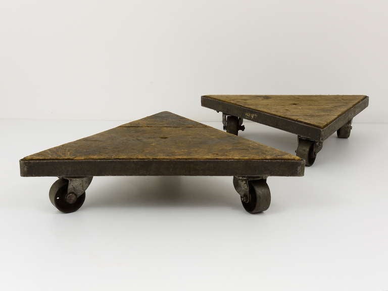 A Pair of 1940s Triangular Industrial Iron Wheel Board Dolly Carts 4
