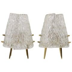 Vintage Pair J.T. Kalmar Brass & Textured Glass Mid-Century Table Lamps, Austria, 1950s