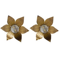 Pair of French Floral Leaves Brass Sconces Sunburst Flower Leaf Wall Lamps, 1950