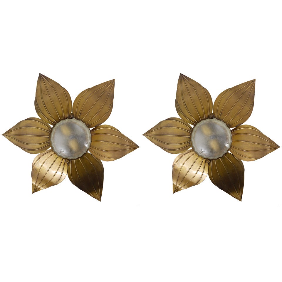 Pair of French Floral Leaves Brass Sconces Sunburst Flower Leaf Wall Lamps, 1950