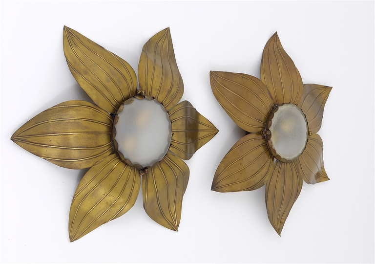 Pair of French Floral Leaves Brass Sconces Sunburst Flower Leaf Wall Lamps, 1950 In Good Condition In Vienna, AT