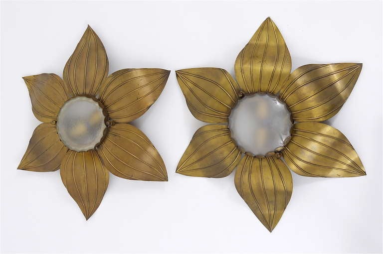 20th Century Pair of French Floral Leaves Brass Sconces Sunburst Flower Leaf Wall Lamps, 1950
