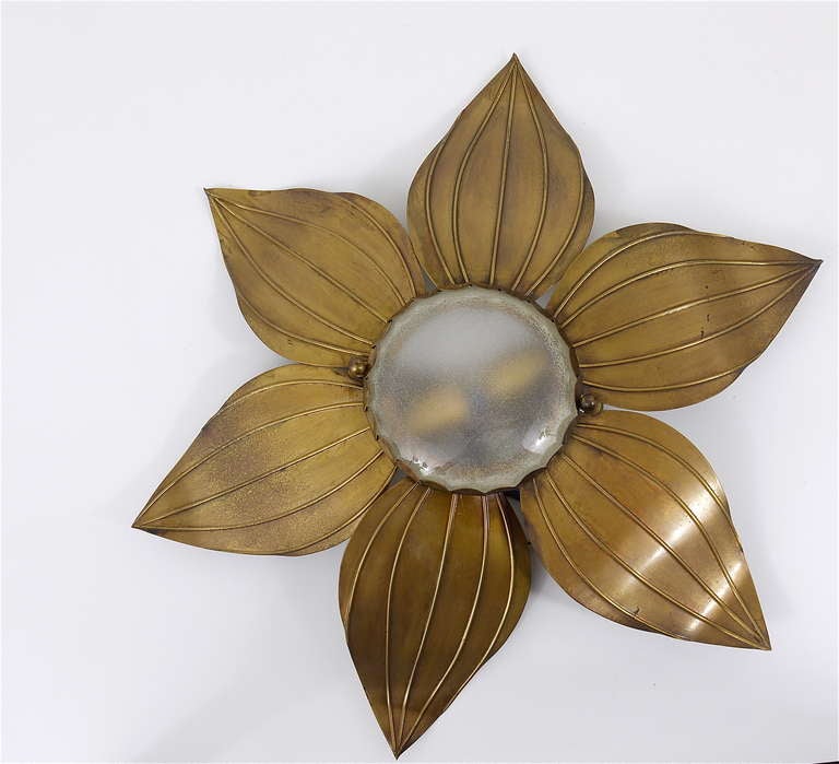 Pair of French Floral Leaves Brass Sconces Sunburst Flower Leaf Wall Lamps, 1950 1