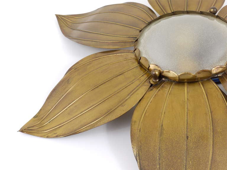 Pair of French Floral Leaves Brass Sconces Sunburst Flower Leaf Wall Lamps, 1950 2