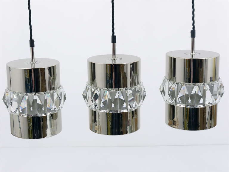 Three Bakalowits Nickel, Brass and Faceted Crystal Pendant Lamps, Austria, 1950s For Sale 1