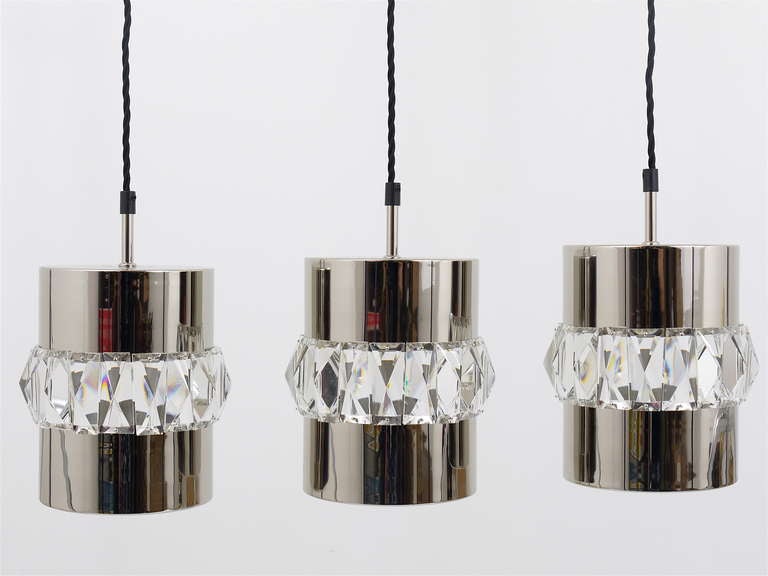 Three Bakalowits Nickel, Brass and Faceted Crystal Pendant Lamps, Austria, 1950s For Sale 2