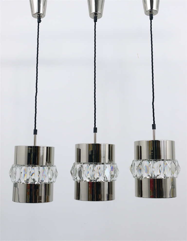 Three Bakalowits Nickel, Brass and Faceted Crystal Pendant Lamps, Austria, 1950s For Sale 3