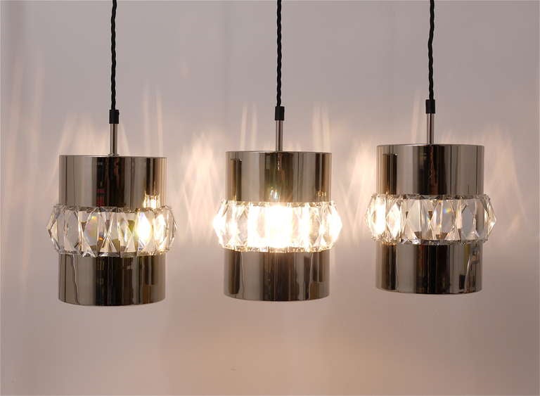 Three Bakalowits Nickel, Brass and Faceted Crystal Pendant Lamps, Austria, 1950s For Sale 4