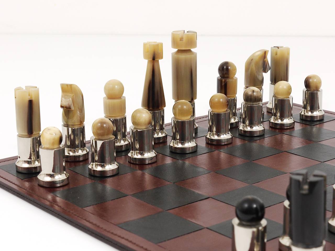 Mid-Century Modern Carl Auböck Modernist Horn Chess Game with Leatherboard, Austria