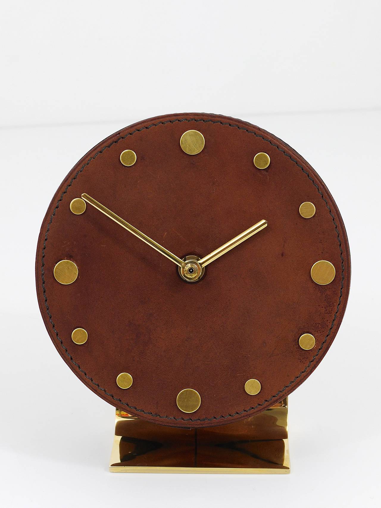 Mid-Century Modern Carl Aubock Modernist Leather Brass Clock, Vienna, 1950s