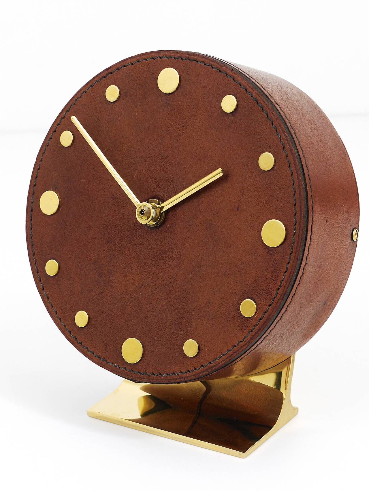 Austrian Carl Aubock Modernist Leather Brass Clock, Vienna, 1950s