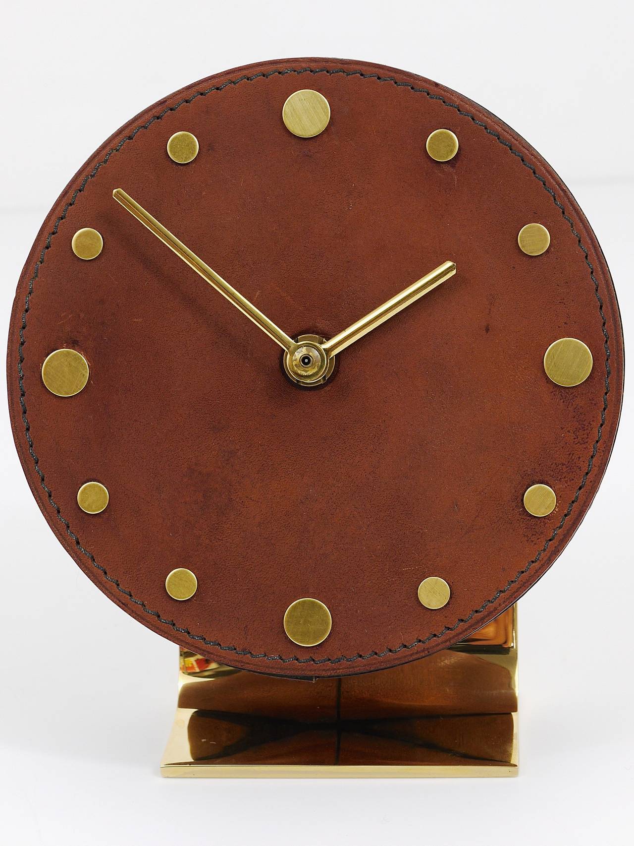 20th Century Carl Aubock Modernist Leather Brass Clock, Vienna, 1950s
