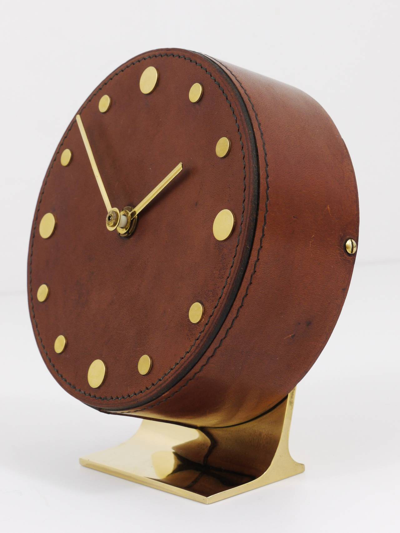 Carl Aubock Modernist Leather Brass Clock, Vienna, 1950s 1