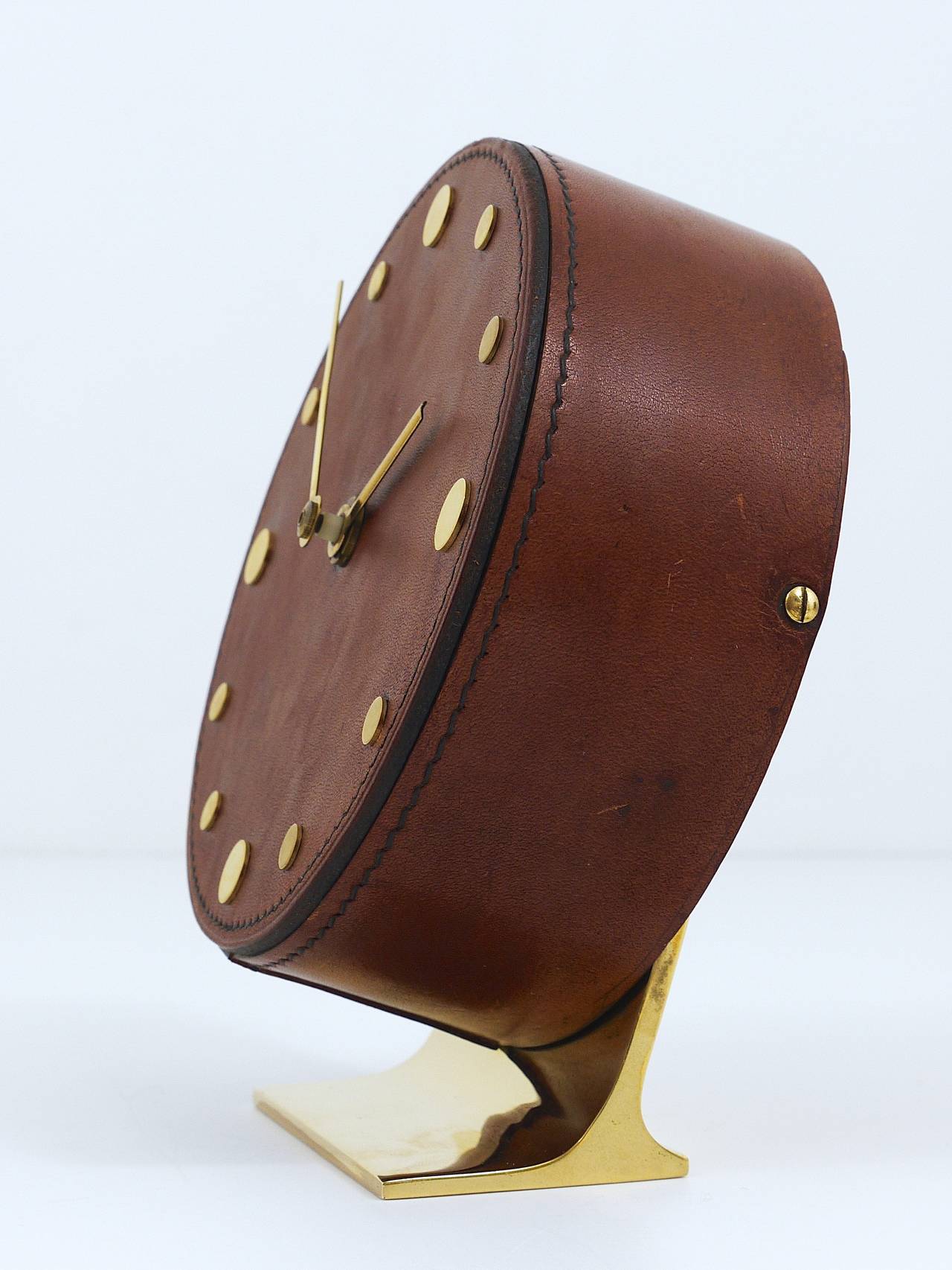Carl Aubock Modernist Leather Brass Clock, Vienna, 1950s 3
