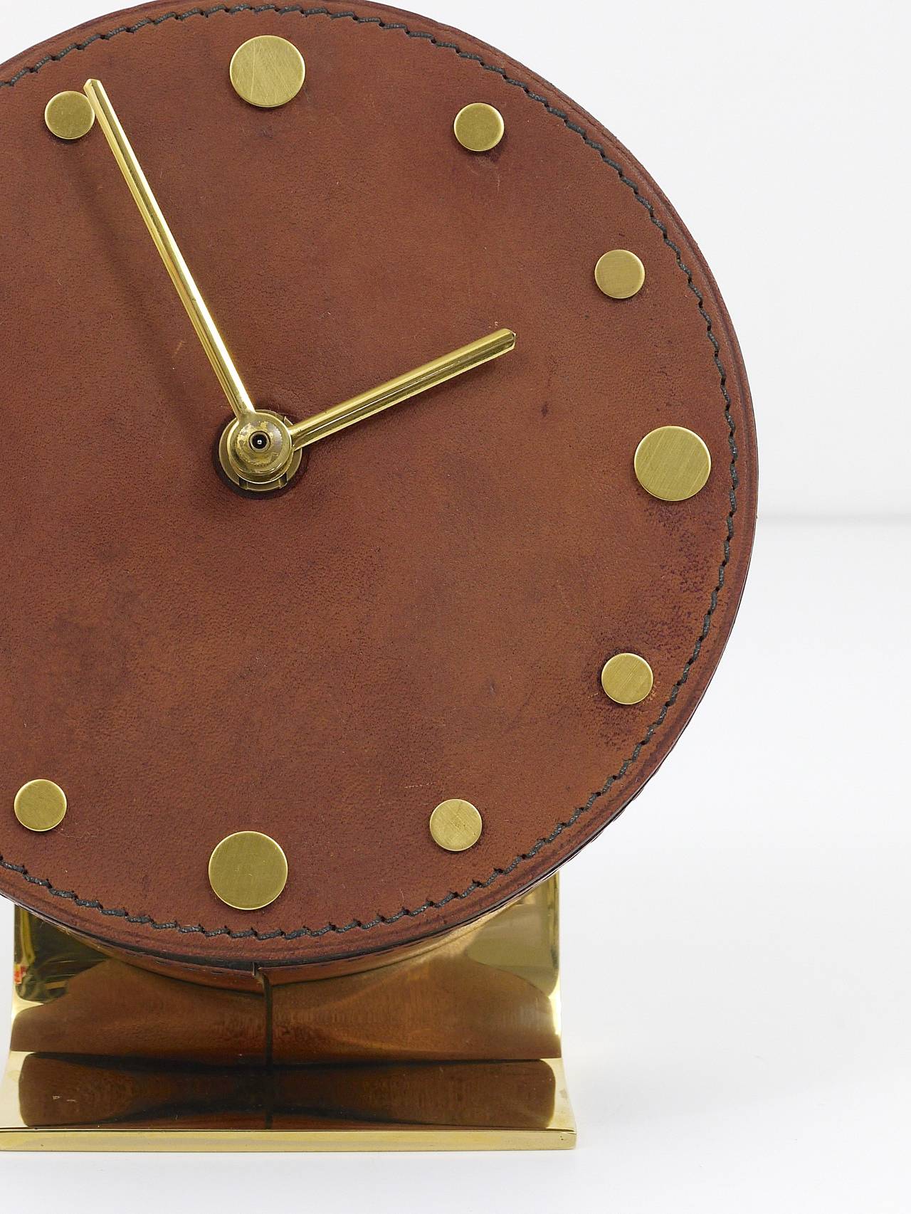 Carl Aubock Modernist Leather Brass Clock, Vienna, 1950s 4