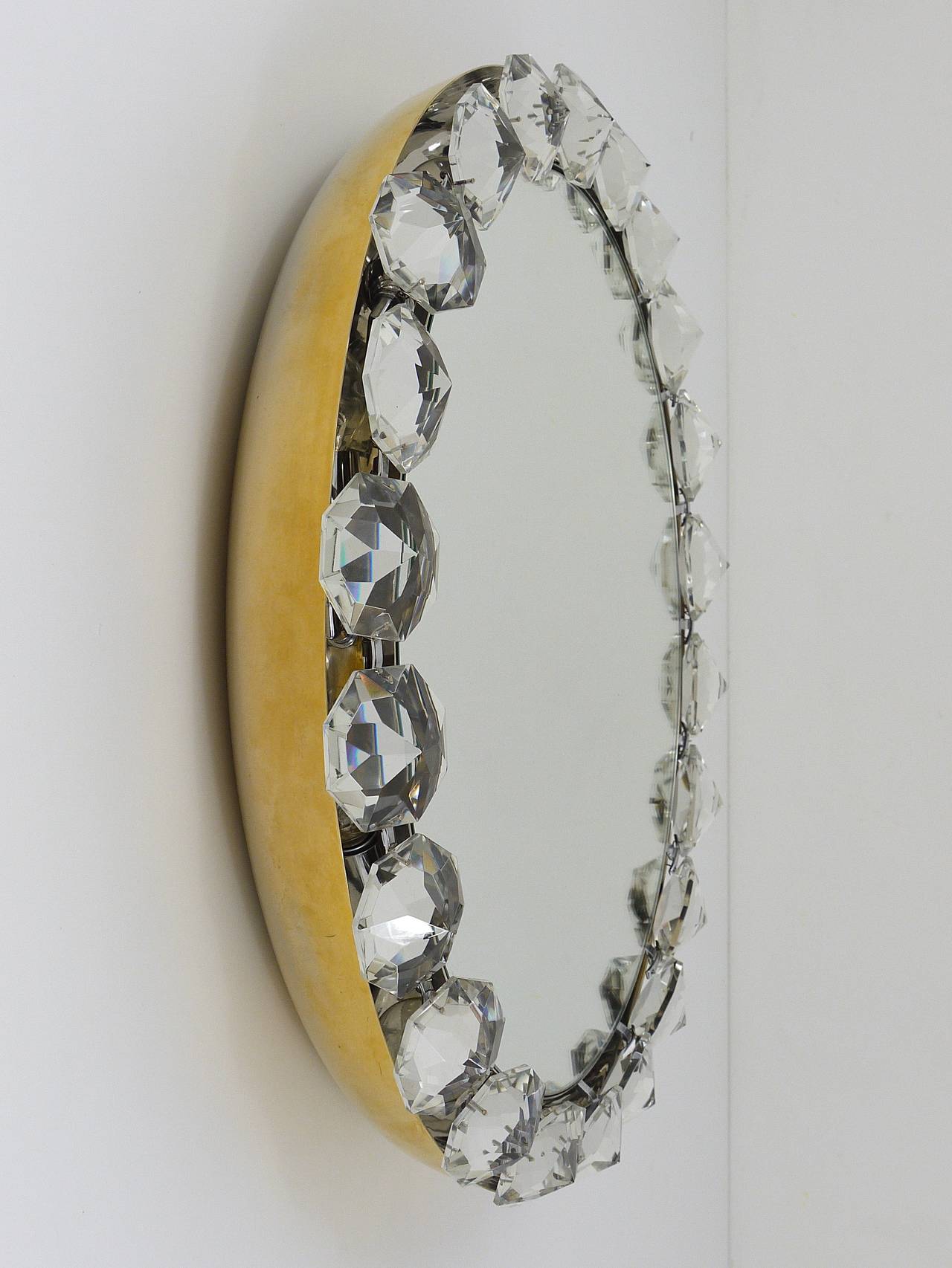 Mid-Century Modern Bakalowits Vienna Round Backlit Wall Mirror with Huge Crystals, Austria, 1950s