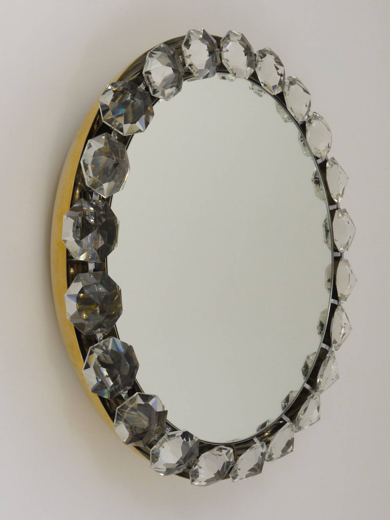 Austrian Bakalowits Vienna Round Backlit Wall Mirror with Huge Crystals, Austria, 1950s