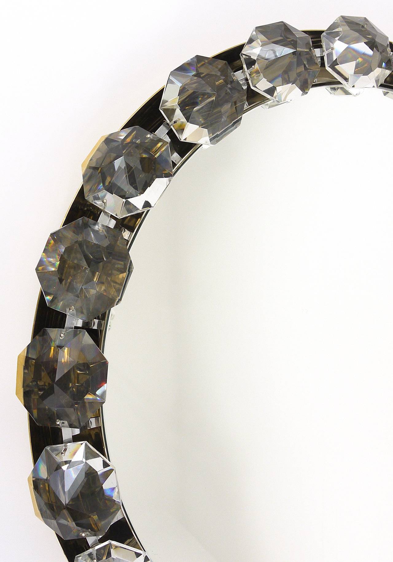 Brass Bakalowits Vienna Round Backlit Wall Mirror with Huge Crystals, Austria, 1950s
