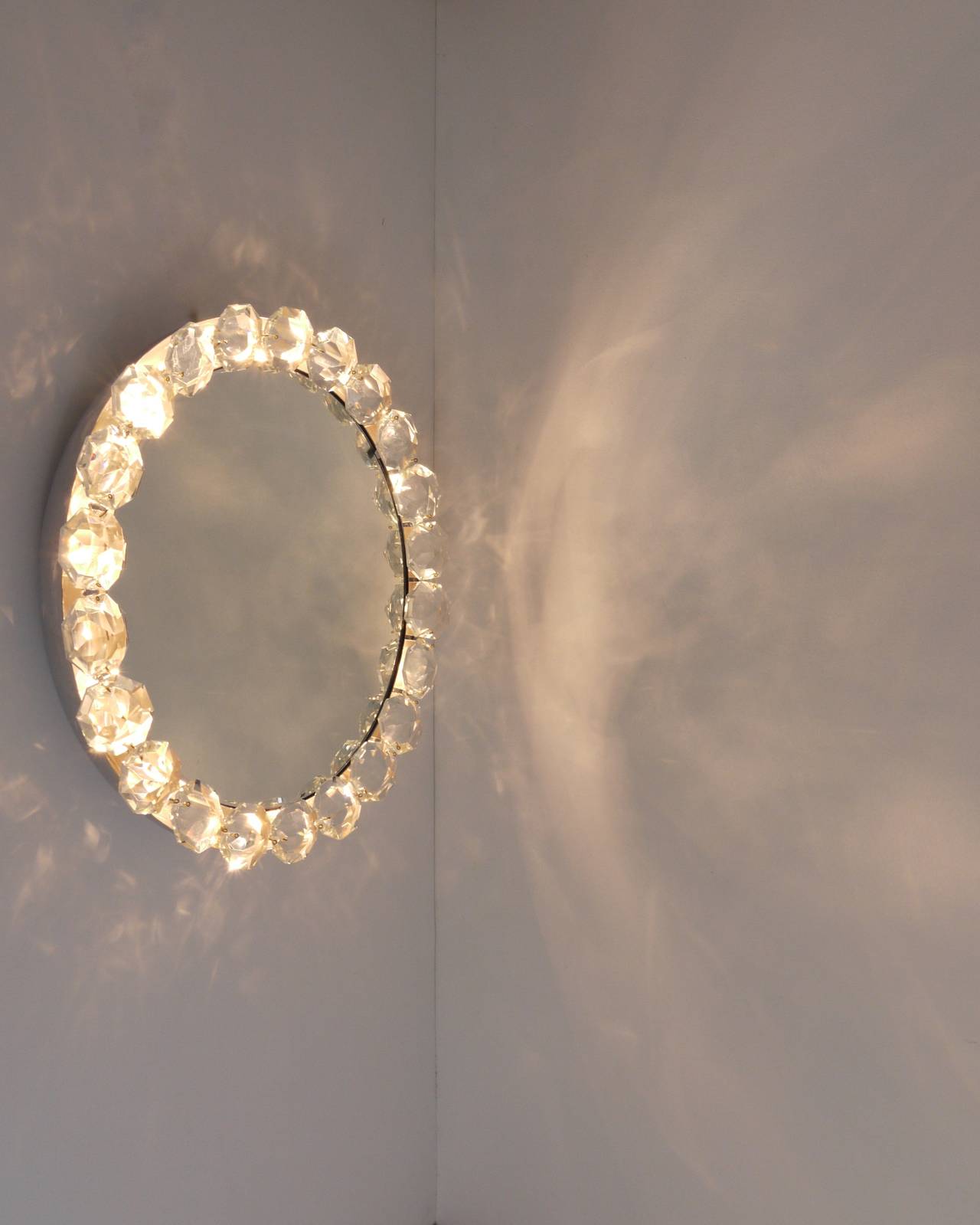 Mid-Century Modern Bakalowits Vienna Round Backlit Wall Mirror with Huge Crystals, Two Available