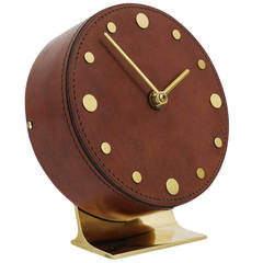 Vintage Carl Aubock Modernist Leather Brass Clock, Vienna, 1950s