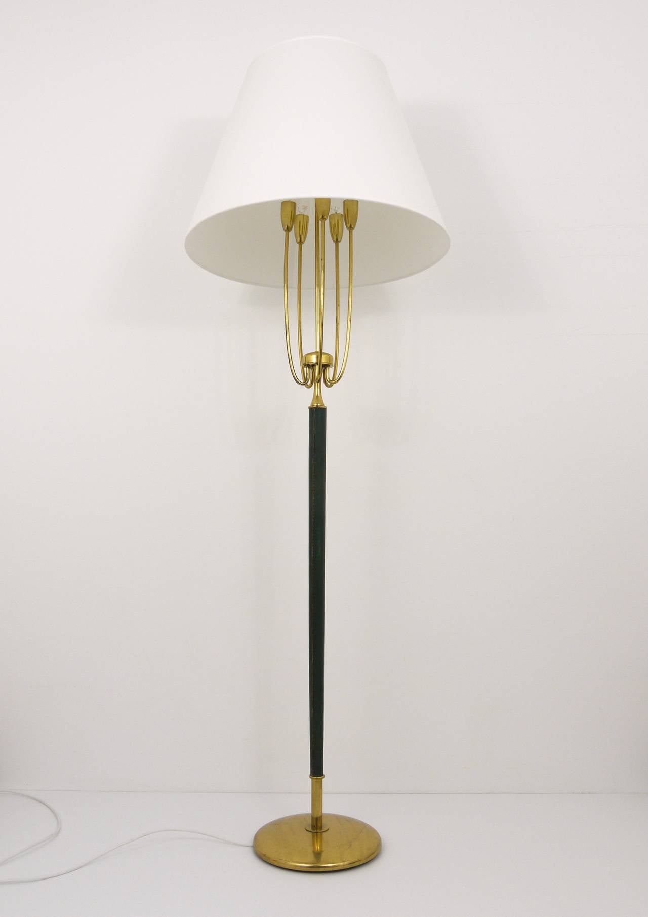 20th Century Josef Frank Style Green Leather Brass Modernist Floor Lamp, Austria, 1950s