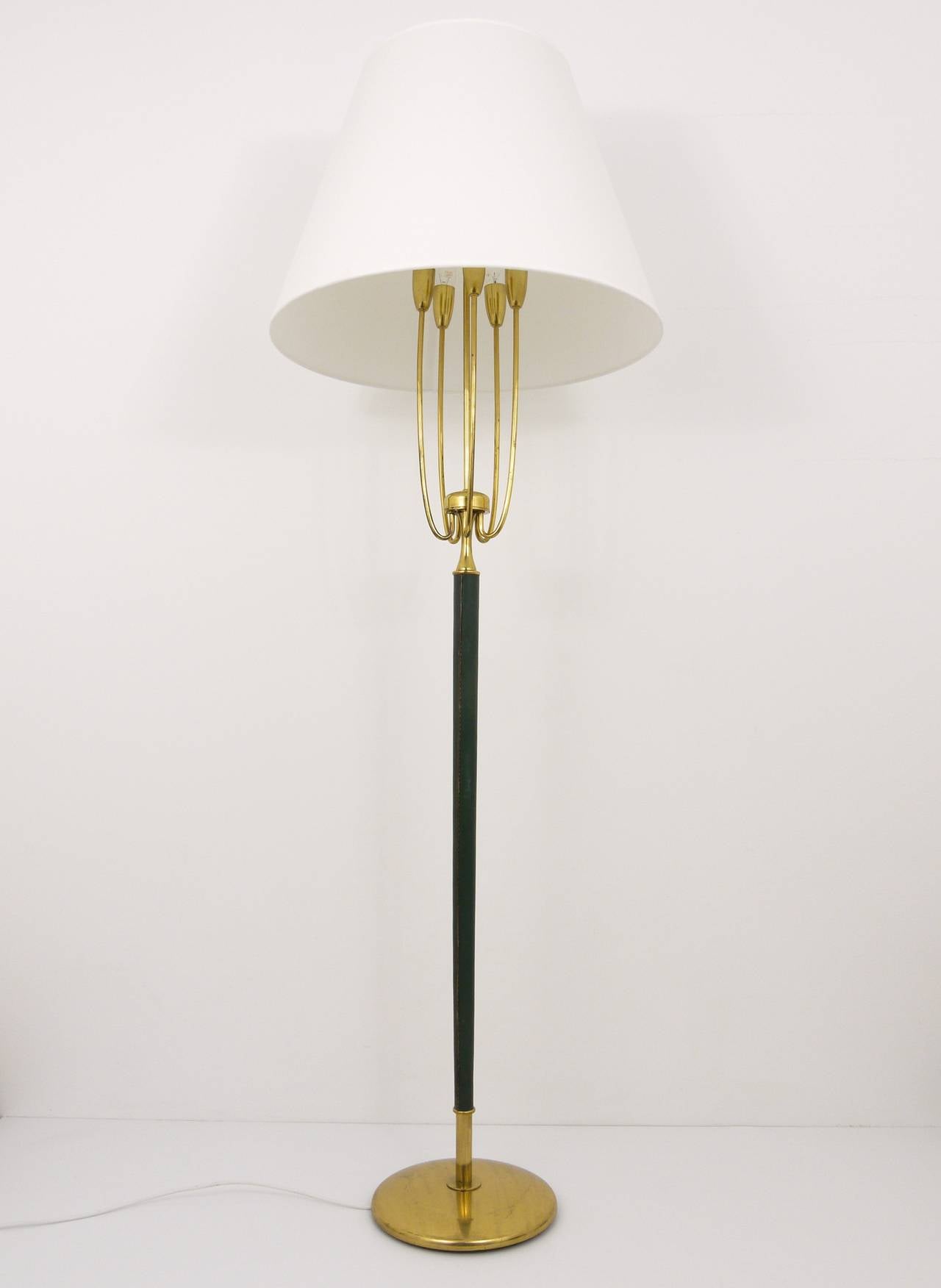 Josef Frank Style Green Leather Brass Modernist Floor Lamp, Austria, 1950s In Excellent Condition In Vienna, AT