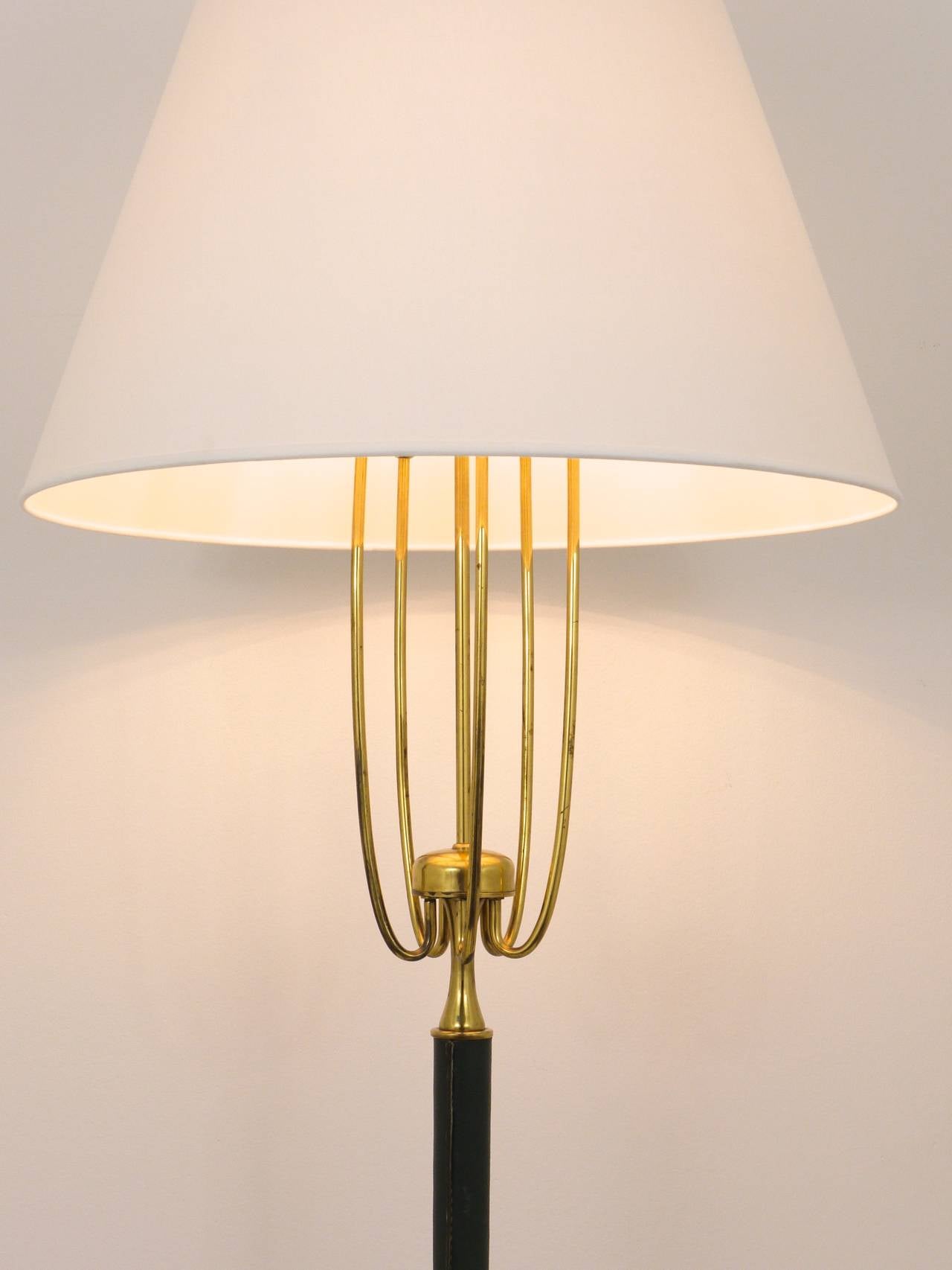 Josef Frank Style Green Leather Brass Modernist Floor Lamp, Austria, 1950s 2