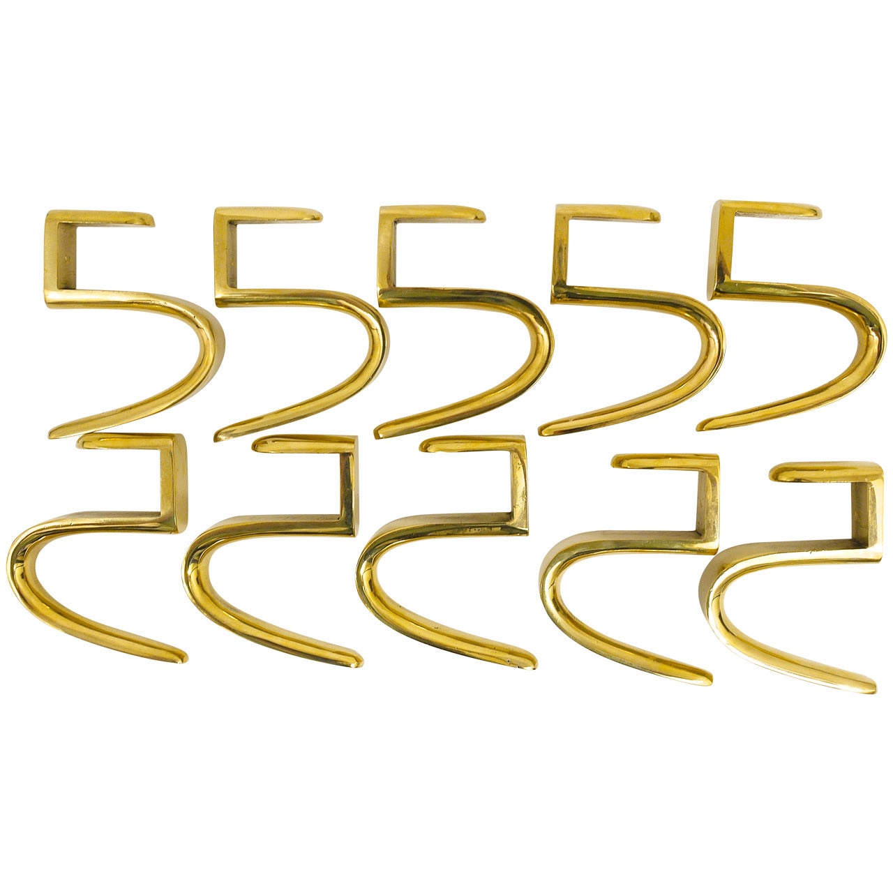 Ten Carl Aubock 5-Shaped Brass Hooks for the Wooden Coat Rack, Austria