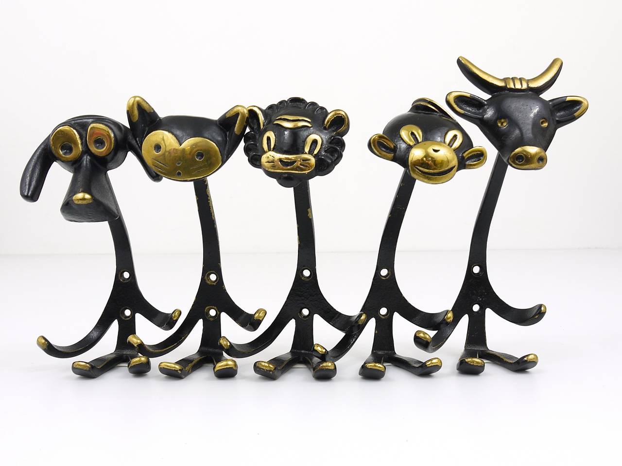 Five Walter Bosse Brass Wall Hooks of a Lion, Cow, Dog, Monkey, and Cat, Vienna