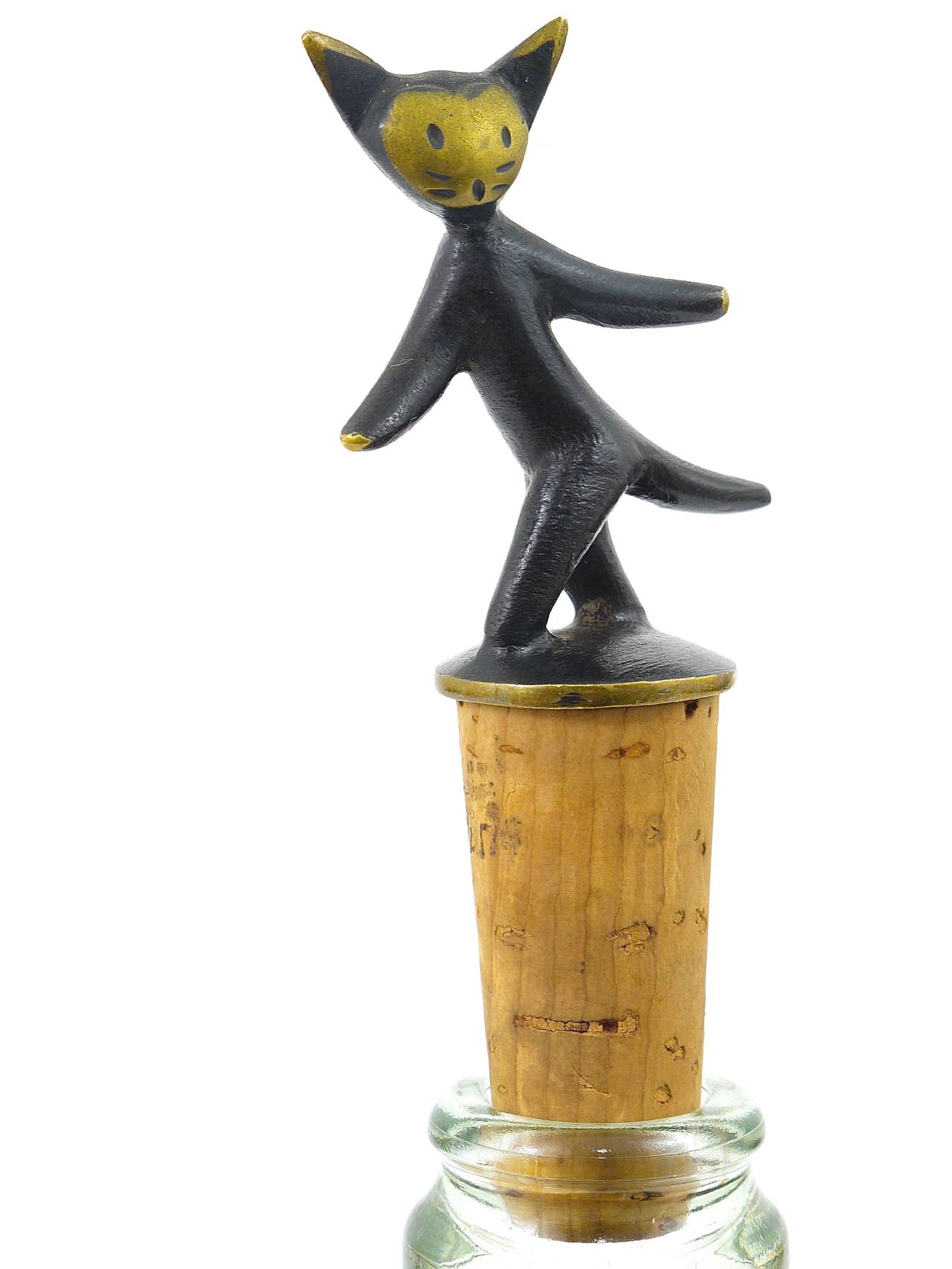 Walter Bosse Cat Bottle Stopper, Brass, Hertha Baller, Austria, 1950s