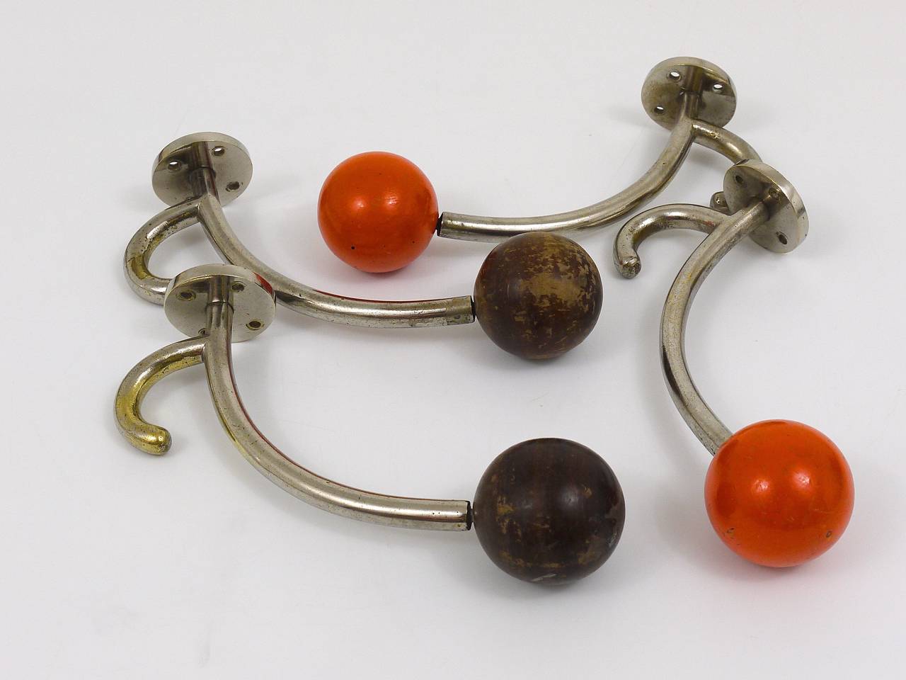 Four Art Deco Wall Hooks, Nickel Plated with Wooden Balls, Austria 1930s 2