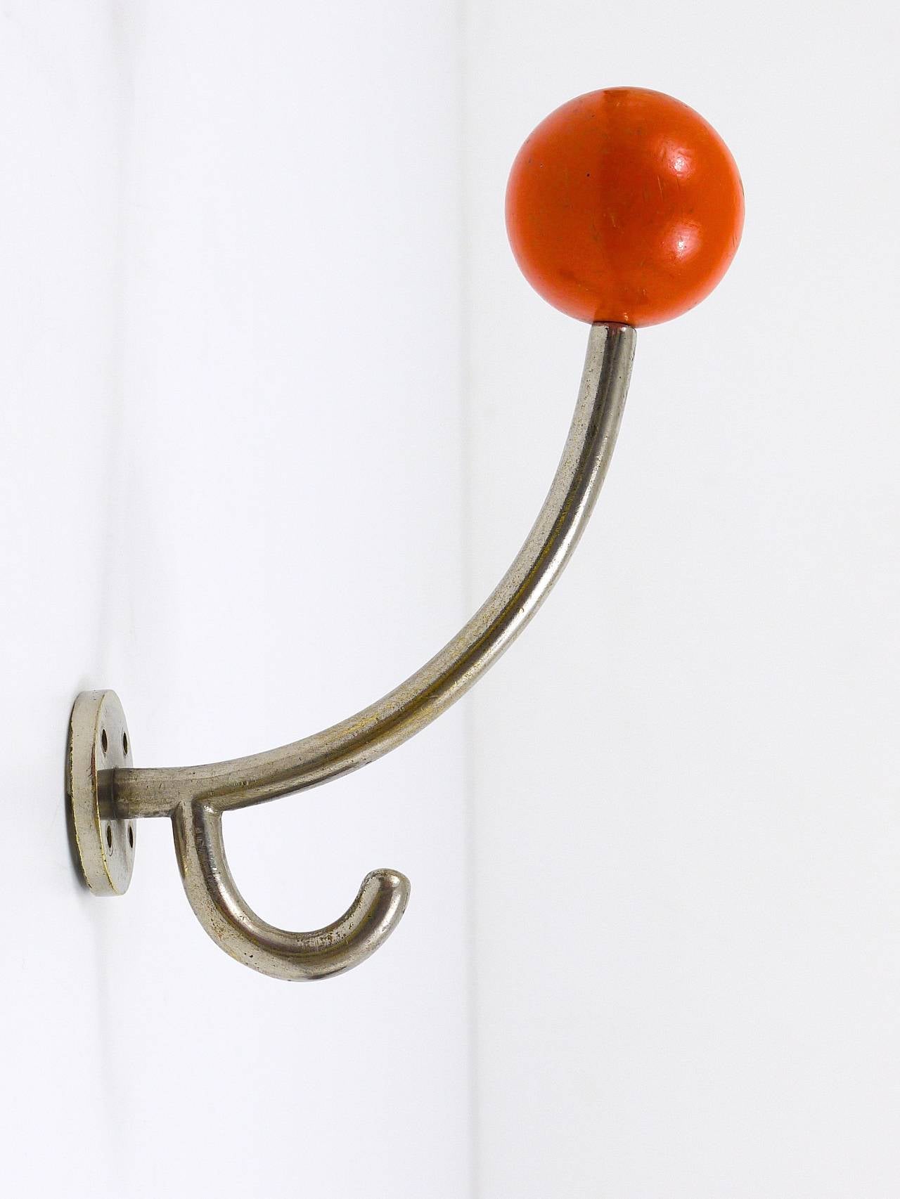 Mid-20th Century Four Art Deco Wall Hooks, Nickel Plated with Wooden Balls, Austria 1930s