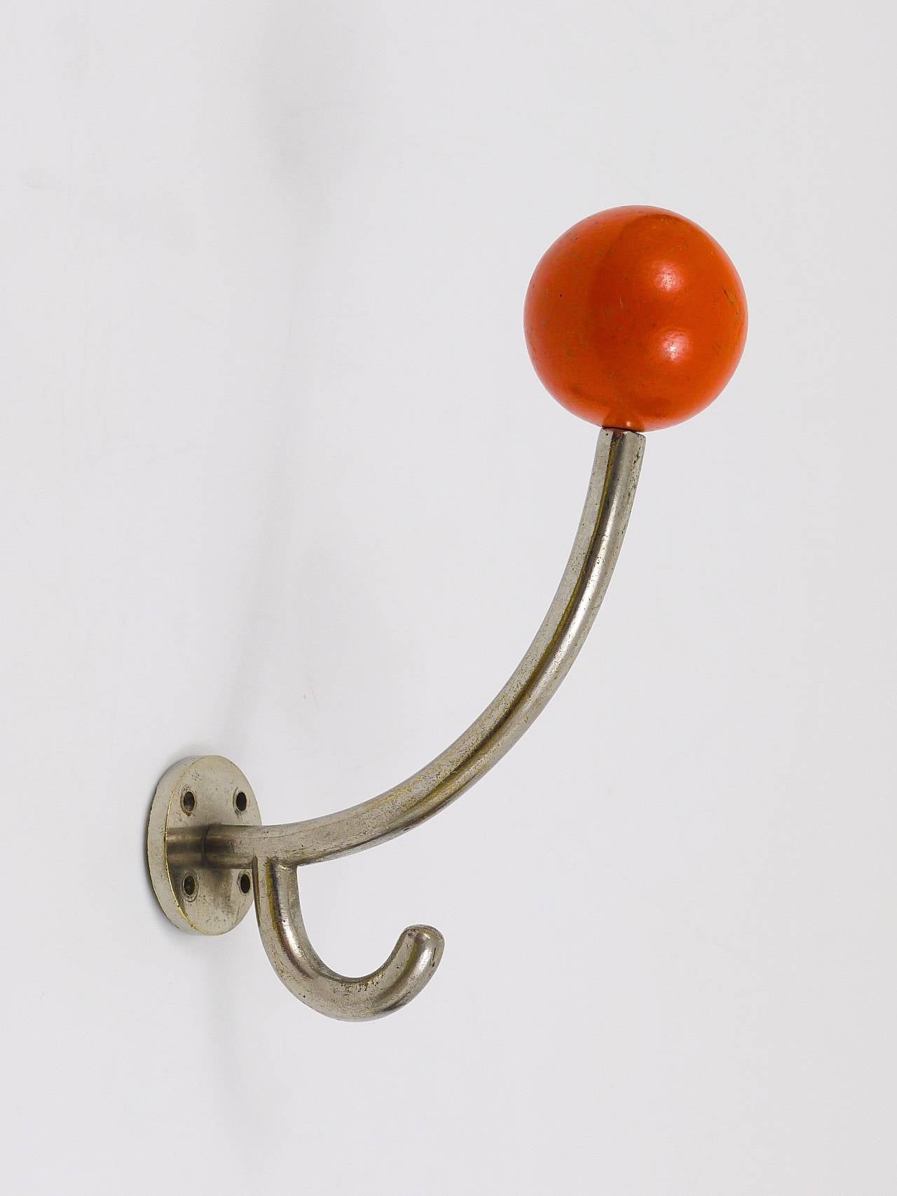 Four Art Deco Wall Hooks, Nickel Plated with Wooden Balls, Austria 1930s In Good Condition In Vienna, AT