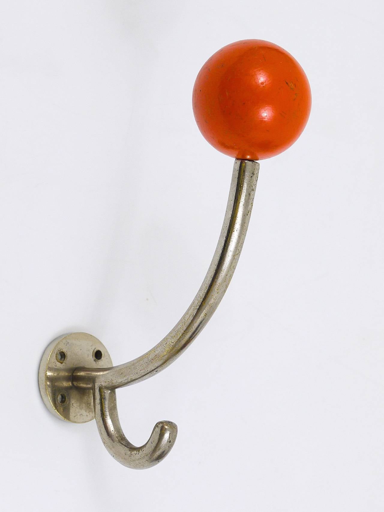 Austrian Four Art Deco Wall Hooks, Nickel Plated with Wooden Balls, Austria 1930s