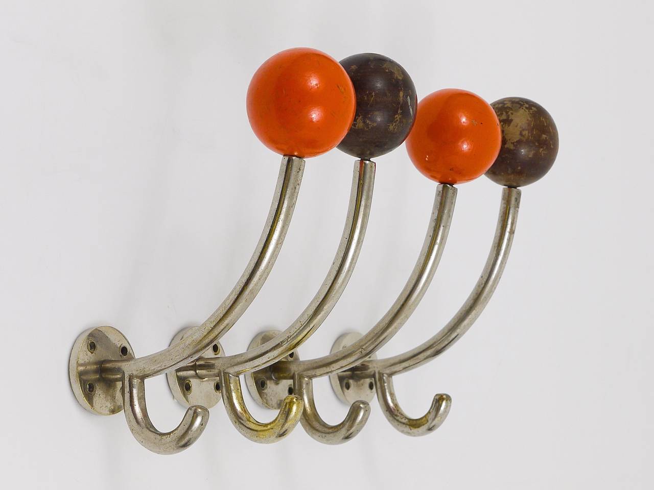 Four Art Deco Wall Hooks, Nickel Plated with Wooden Balls, Austria 1930s 1