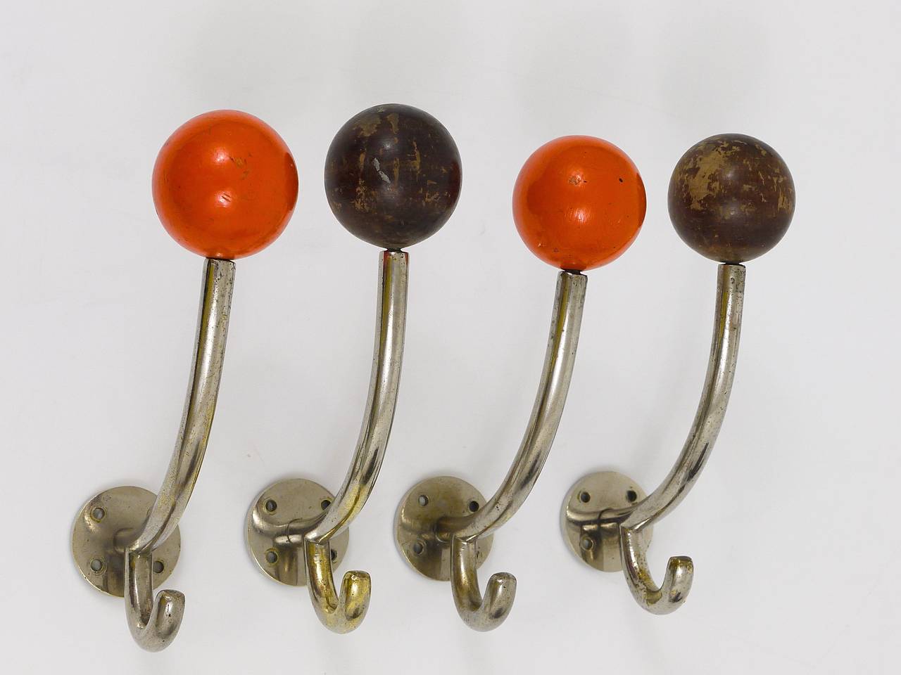 Four Art Deco Wall Hooks, Nickel Plated with Wooden Balls, Austria 1930s 3