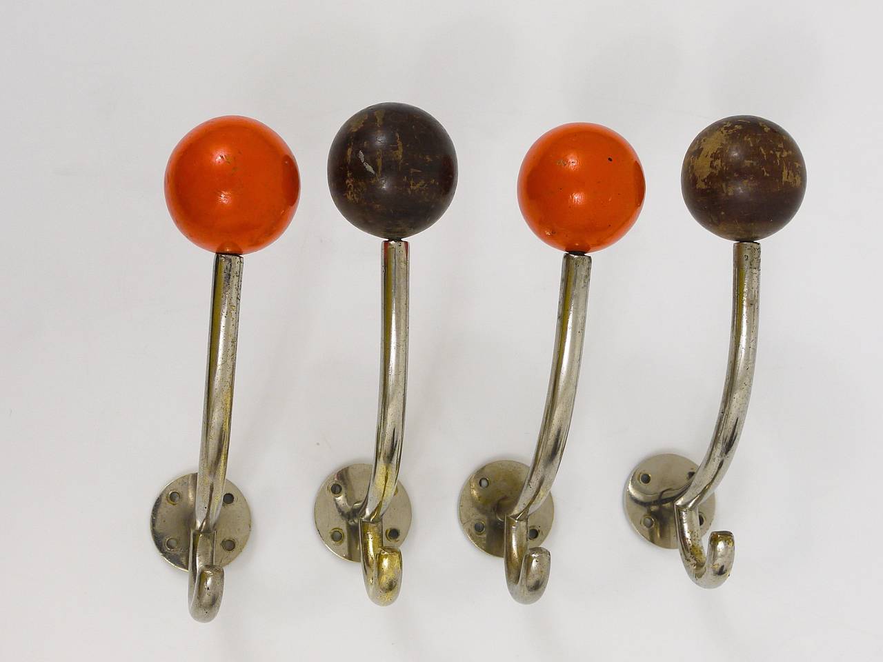 Four Art Deco Wall Hooks, Nickel Plated with Wooden Balls, Austria 1930s 4