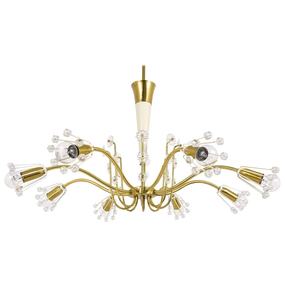 Unusual Emil Stejnar Brass Crystal Chandelier, Rupert Nikoll, Austria, 1950s For Sale