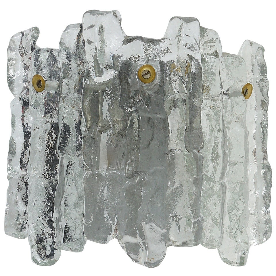 J.T. Kalmar Soria Midcentury Ice Glass Sconce Wall Light, Austria, 1970s