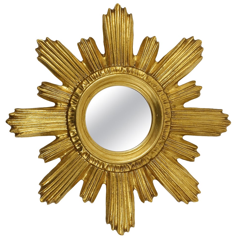 Petite French Gilt Sunburst Starburst Wall Mirror from the 1960's