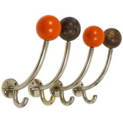 Vintage Four Art Deco Wall Hooks, Nickel Plated with Wooden Balls, Austria 1930s